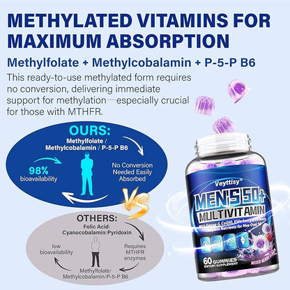 Sugar Free Multivitamin Gummies for Men 50 Plus - Methylated Multivitamin with Omega-3, CoQ10, Elderberry & Turmeric for Energy, Immune, Gut, Health Support - Vegan, Non-GMO, Gluten-Free