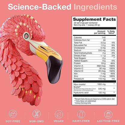 BIRDMAN Fitmingo Vegan Protein Powder with Inositol, Collagen Boosters, Hyaluronic Acid and Vitamins | Low Carb, Dairy Free, Low Calorie | 23g Plant Based Vanilla Protein Powder with Myo-Inositol