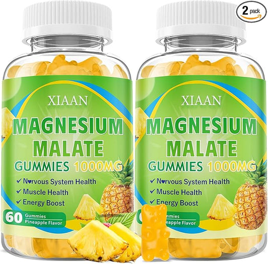 Magnesium Malate Gummies 1000mg, Chewable Magnesium Malate Supplements with CoQ10, L-Theanine & Vitamin B6 for Energy Boost & Muscle Health, Sugar-Free/Vegan, Pineapple Flavor 120 Count