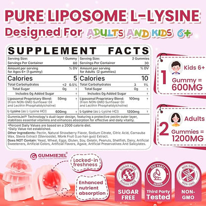 Liposomal L-Lysine Gummies 1200mg | High Absorption Immune & Skin Support | Vegan Amino Acid Supplement for Adults & Kids | Lips & Oral, Bone & Collagen Health | Non-GMO, Sugar-Free, 60 Gummies