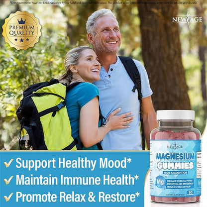 Magnesium Gummies - Calming Anti-Stress Gummies, Magnesium Supplement for Adults and Kids, Vegan, Gelatin-Free, Gluten-Free, Non-GMO, Delicious Natural Raspberry Flavor- 180 Count - by New Age