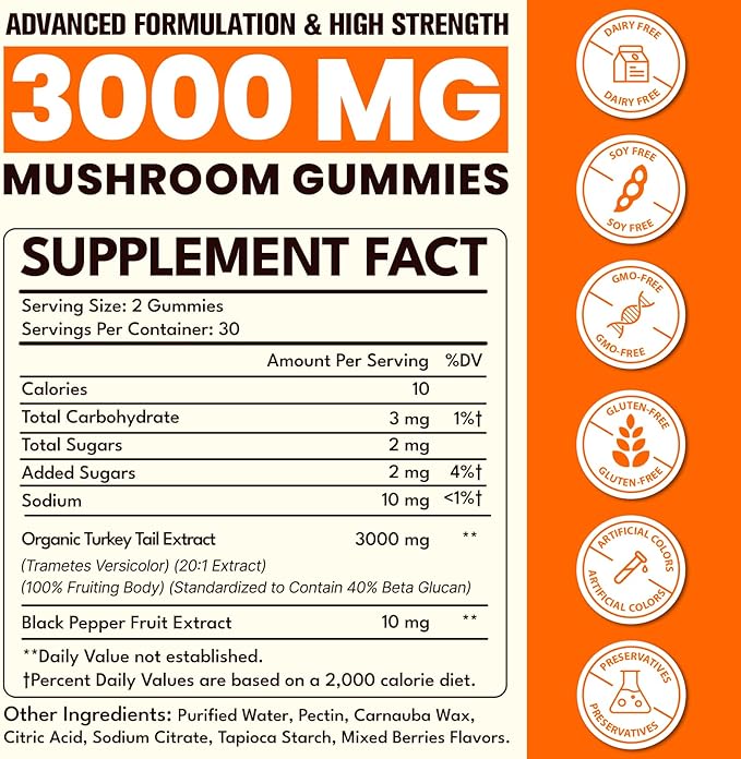 Turkey Tail Mushroom, Turkey Tail (100% Fruiting Body, 40% Beta Glucans) add Black Pepper, Mushroom Gummies for Gut, Energy, Brain & Immune Support, Mixed Berries Flavor | Vegan, Non-GMO, 60ct