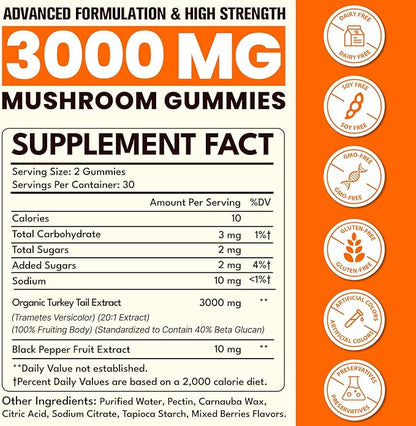 Turkey Tail Mushroom, Turkey Tail (100% Fruiting Body, 40% Beta Glucans) add Black Pepper, Mushroom Gummies for Gut, Energy, Brain & Immune Support, Mixed Berries Flavor | Vegan, Non-GMO, 60ct
