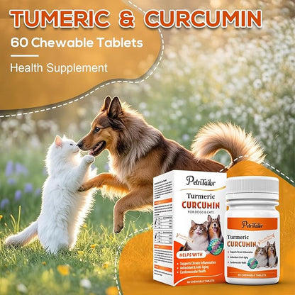 Turmeric Curcumin for Dogs – Hip & Joint Support, Heart & Immune Health Supplement, Immune System Booster, Joint Care for All Breeds & Ages, 60 Chewable Tablets