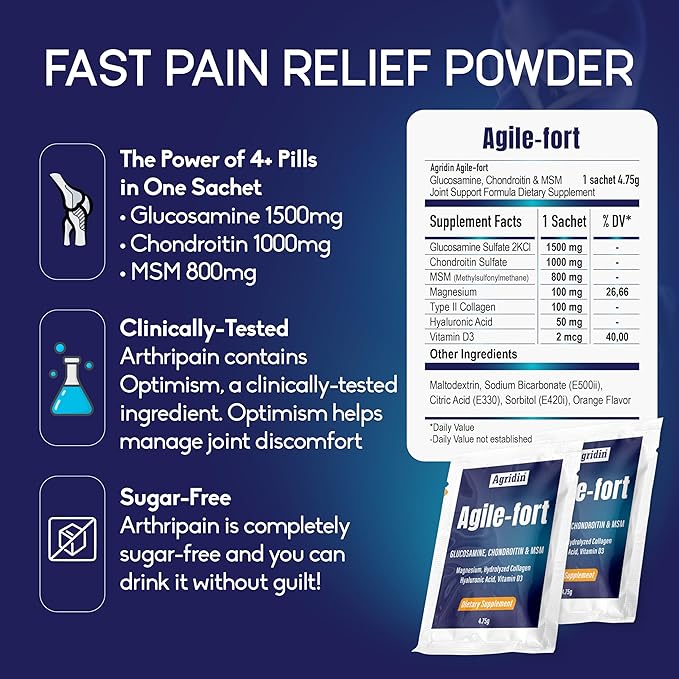 Agile Fort Joint Support Supplement – Glucosamine, Chondroitin, MSM, Type II Collagen & Magnesium – 30 Sachets for Joint & Cartilage Health for Women and Men