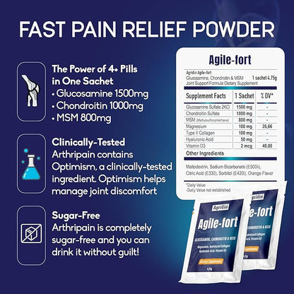 Agile Fort Joint Support Supplement – Glucosamine, Chondroitin, MSM, Type II Collagen & Magnesium – 30 Sachets for Joint & Cartilage Health for Women and Men