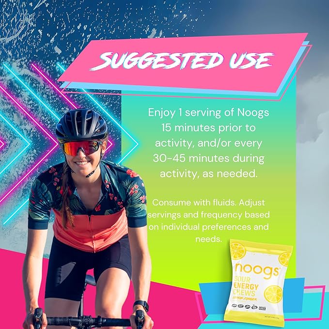 Noogs Sour Energy Chews, Lemon Zinger Electrolyte Energy Gummies, Sour Candy Flavored Alternative to Running Gels, Vegan, Gluten Free & Caffeine Free, 12 Pack