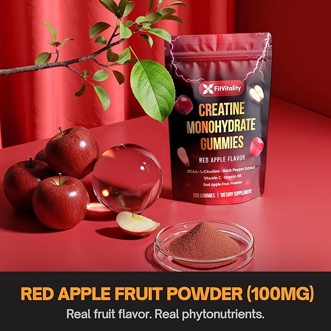 Premium 200 Gummies Creatine Gummies - Formulation with Creatine, Vitamin C & B6 - Vegan, Non-GMO, Sugar-Free, Red Apple Flavor