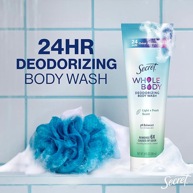 Secret Feminine Wash, 24 HR Deodorizing Feminine Body Wash for Women, Removes 6x Causes of Odor, PH Balanced, Safe to Use Everywhere, Light & Fresh, 8.0 oz, (Pack of 2)