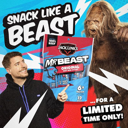 Jack Link’s x MrBeast Beef Sticks, Original Mini Beef Sticks, As Seen on Beast Games, 5g Protein, Made with 100% Real Beef, Pantry-Ready Snacks, 12 Count (Pack of 2)
