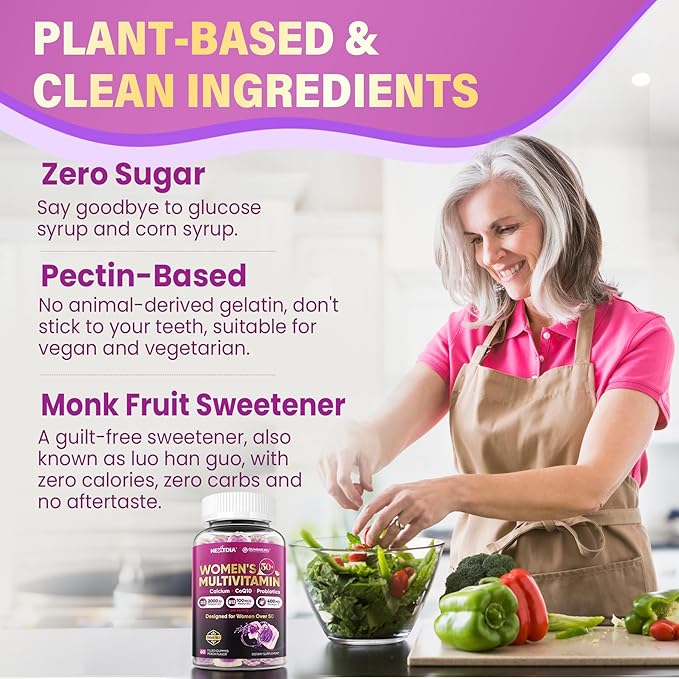 Multivitamin for Women 50 Plus Gummies, Vegan Omega 3, Methylfolate, Calcium, D3 K2, CoQ10, Daily Vitamin A C E, Methylated B12, Biotin, B Complex, Zinc - Bone, Energy, Longevity - Sugar Free, 60Count