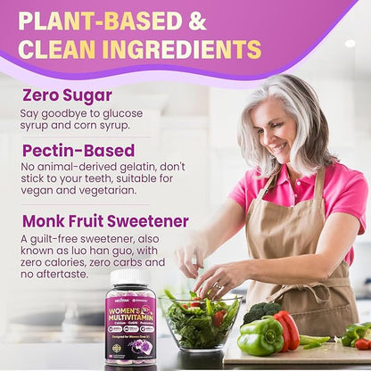 Multivitamin for Women 50 Plus Gummies, Vegan Omega 3, Methylfolate, Calcium, D3 K2, CoQ10, Daily Vitamin A C E, Methylated B12, Biotin, B Complex, Zinc - Bone, Energy, Longevity - Sugar Free, 60Count