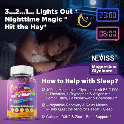 NEVISS 52-in-1 Methylated Multivitamin for Women Gummies with Iron, Omega-3, B6 B9 B12 for Day | Magnesium Glycinate, Calcium, Collagen for Night Renewal/Sleep, Womens 18 30 40 50 60 70+ AM PM Daily