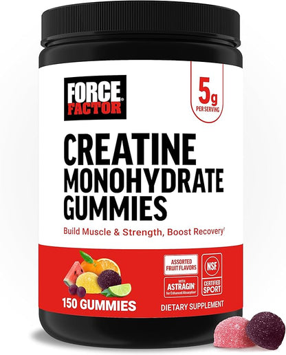 Force Factor Creatine Monohydrate Gummies, NSF Certified, 5g Dose for Men & Women to Support Muscle, Strength, Recovery, Cognitive Health & Memory, Assorted Fruit Flavors, 150 Gummies