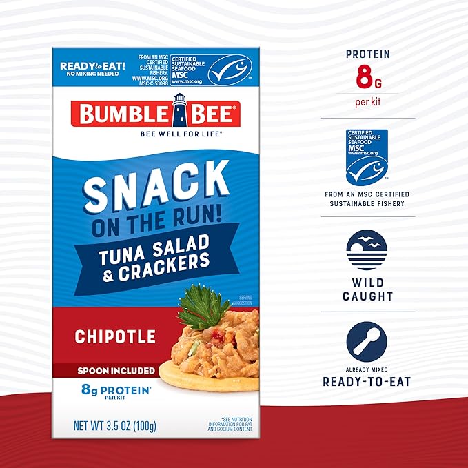 Bumble Bee Snack On The Run Chipotle Tuna Salad with Crackers Kit - Ready to Eat Protein Snack Pack - 8g Protein per Box - Wild Caught MSC Certified Tuna (Pack of 4)
