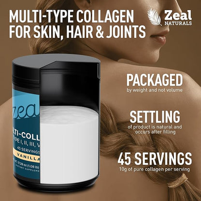 Zeal Naturals Multi Collagen Protein Peptides Powder Types I II III V X - Vitamin C, Biotin & Hyaluronic Acid - Hair, Skin & Nails - Marine, Bovine, Chicken & Eggshell - Vanilla, 45 Servings
