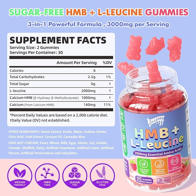 HMB and L-Leucine 3000mg with Calcium Gummies - Muscle Support & Recovery for Adults & Elderly, Vegan, Non-GMO, Gluten Free, 60 Gummies