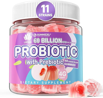 Probiotic Gummies 60 Billion CFU for Women Men & Kids, 11 Strains Probiotics + Organic Prebiotics Fiber for Immune, Digestive Health, Supports Constipation, Diarrhea, Gas & Bloating - Sugar Free, 60ct