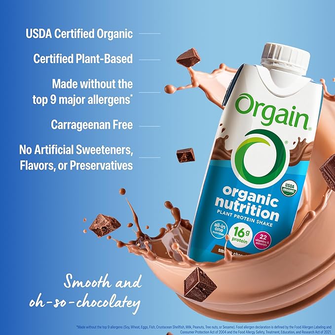 Orgain Organic Nutritional Vegan Protein Shake, Smooth Chocolate - 16g Plant Based Protein, Meal Replacement, 22 Vitamins & Minerals, Fruits & Vegetables, Gluten Free, Non-GMO, 11 Fl Oz (Pack of 12)