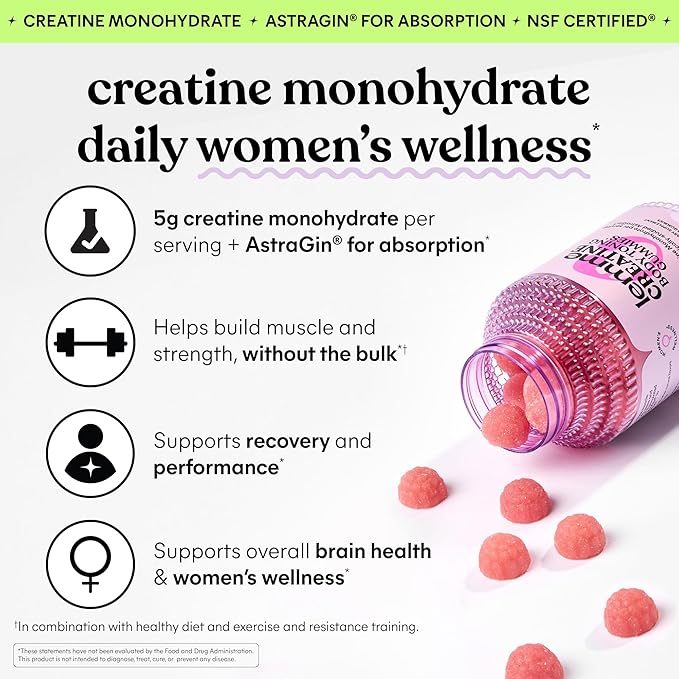 Lemme Creatine Monohydrate Gummies for Women and Men, 5g Dose to Support Lean Muscle, Strength, Recovery, Cognitive Health, w/Ginseng for Absorption, Sour Strawberry, NSF Certified, 60 Gummies