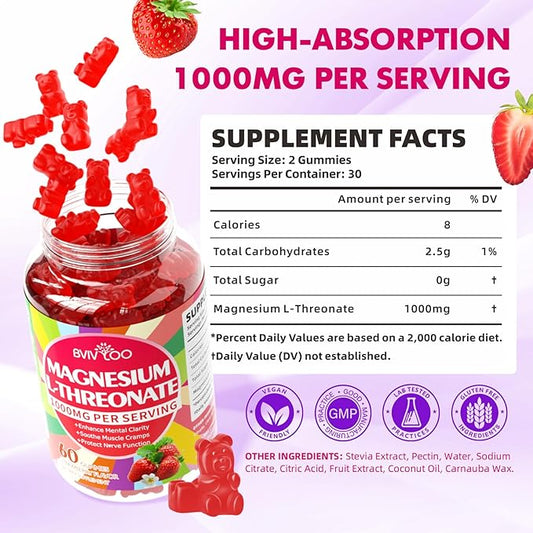 1000mg Magnesium L-Threonate Gummies for Kids & Adults - Muscle & Nervous System Support, Vegan, Sugar-Free Strawberry Flavor, 60 Gummies