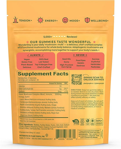 Plant People WonderDay Mushroom Gummies - Lion’s Mane, Cordyceps, Chaga Mushroom Supplement to Support Immune System De-Stress Boost Mood & Energy in Adults Natural, Vegan, Non-GMO (60 Count)