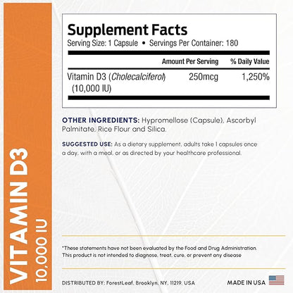 ForestLeaf Vitamin D3 10,000 IU | VIT D - VIT D3 Vitamin D Supplements for Women and Men | Bone Health, Teeth and Immune Support | Easy to Swallow Pills | High Potency Daily, 6-Month Supply, 180 Caps
