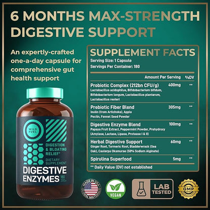 Digestive Enzymes for Women and Men with Probiotics and Prebiotics - Vegan Digestive Enzyme Blend - Bloating Support, Gut Health & Digestion Supplement with Artichoke Ginger Turmeric - 180 Capsules