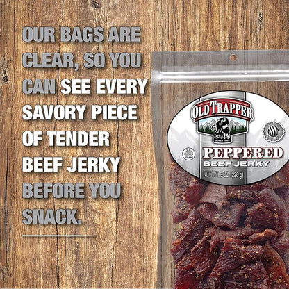 Old Trapper Beef Jerky, Peppered 8 Ounce Pack, Spicy Meat Snacks for Lunches or Between Meals, 11 Grams of Protein, Zero Grams of Fat, and 70 Calories per Serving (Pack of 2)