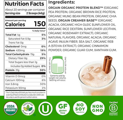 Orgain Organic Vegan Protein Powder, Horchata - 21g Plant Based Protein, 9g Prebiotic Fiber, Low Net Carb, No Lactose Ingredients, No Added Sugar, Non-GMO, For Shakes & Smoothies, 2.03 lb