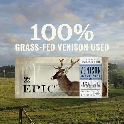 EPIC Bars, Venison Sea Salt and Pepper Bar, Keto Friendly, Whole30 Approved, Gluten Free, 12 Count, 15.6 oz