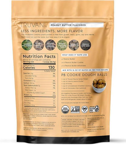Truvani Vegan Pea Protein Powder | Peanut Butter | 20g Organic Plant Based Protein | 20 Servings | Keto | Gluten & Dairy Free | Low Carb | No Added Sugar