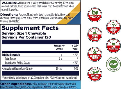KAL Magnesium Chewables - Magnesium Citrate for Nerve, Muscle, and Bone Support - No Added Sugar, Vegan Magnesium Supplement - 60-Day Guarantee - Pineapple Flavor - 120 Servings, 120 Chewable Tablets