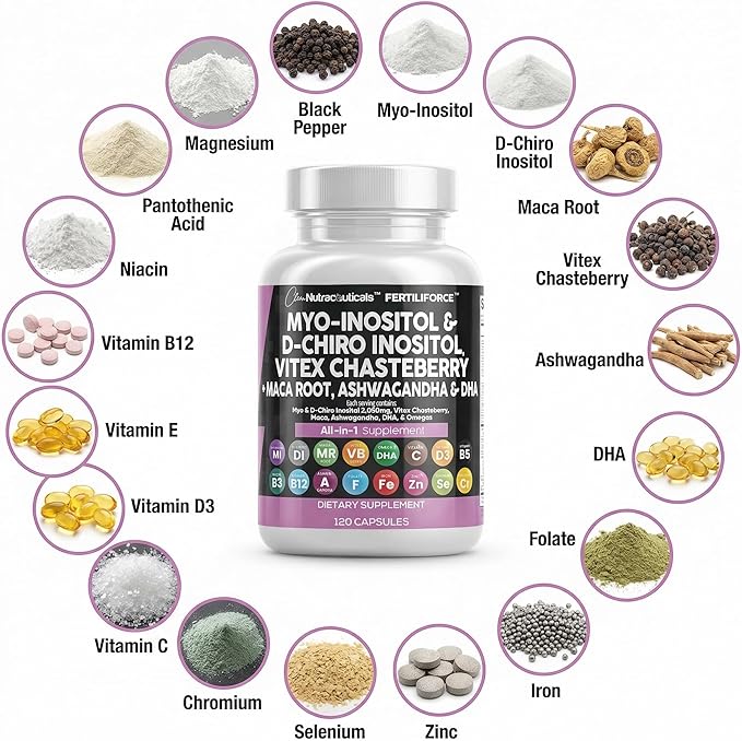 Clean Nutraceuticals Myo-Inositol & D-Chiro Inositol 2050mg Fertility Supplement 40:1 Ratio - Prenatal Vitamins for Women with Ashwagandha Maca Root Vitex Chasteberry Iron DHA Folic Acid DIM Zinc (1)