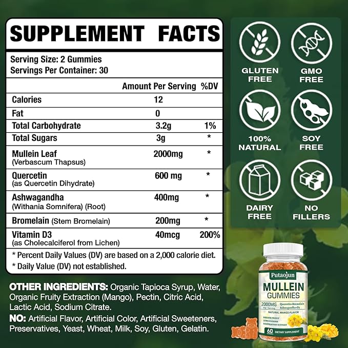 2 Packs Organic Mullein Gummies for Lungs, 2000MG Mullein Leaf Extract Supplement | Quercetin, Bromelain for Respiratory & Immune Support | Vegan, Sugr-Free, Mango Flavor | 120 Count