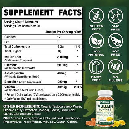 2 Packs Organic Mullein Gummies for Lungs, 2000MG Mullein Leaf Extract Supplement | Quercetin, Bromelain for Respiratory & Immune Support | Vegan, Sugr-Free, Mango Flavor | 120 Count