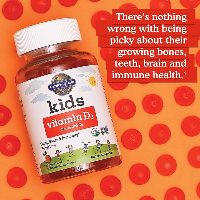 Garden of Life Kids Organic Vitamin D3 Gummies with 800 IU (100% Daily Value) for Strong Bones,Teeth,Brain & Immunity – Non-GMO,No Gluten,Vegetarian,Sugar Free,Orange Flavor,60 Count(Pack of 2)