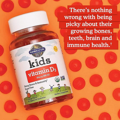 Garden of Life Kids Organic Vitamin D3 Gummies with 800 IU (100% Daily Value) for Strong Bones,Teeth,Brain & Immunity – Non-GMO,No Gluten,Vegetarian,Sugar Free,Orange Flavor,60 Count(Pack of 2)