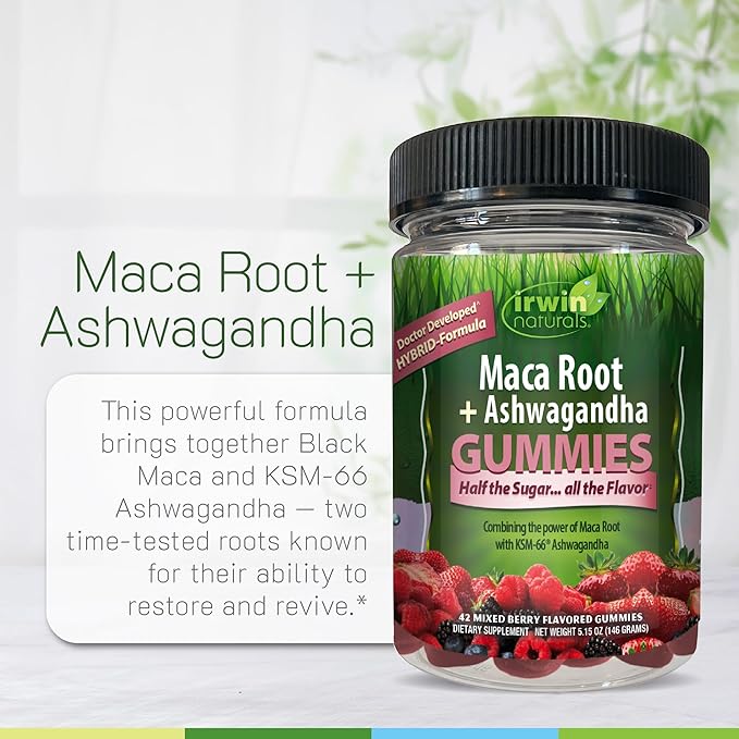 Irwin Naturals Gummies Maca Root + Ashwagandha, Adaptogenic Stress, Energy & Vitality Support, Vegan, 42 Gummies