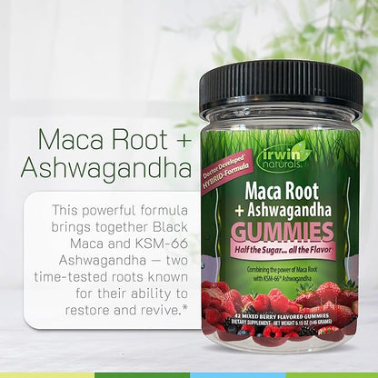 Irwin Naturals Gummies Maca Root + Ashwagandha, Adaptogenic Stress, Energy & Vitality Support, Vegan, 42 Gummies