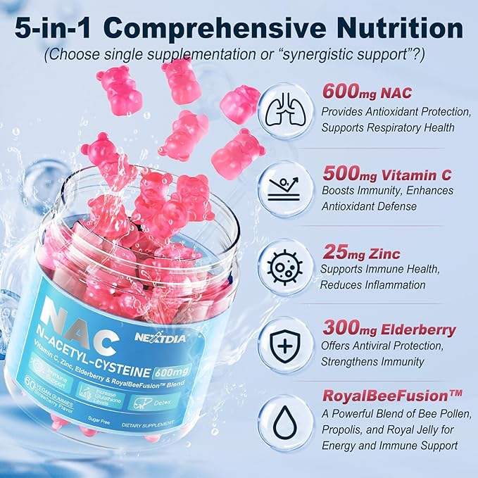 Nextdia NAC Gummies for Kids & Adults, Chewable N-Acetyl Cysteine Supplement 600mg 1000mg w/Vitamin C, Zinc, Elderberry for Antioxidants & Immune Support, Lung & Liver Health, Sugar Free, 120 Ct