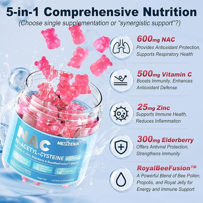 Nextdia NAC Gummies for Kids & Adults, Chewable N-Acetyl Cysteine Supplement 600mg 1000mg w/Vitamin C, Zinc, Elderberry for Antioxidants & Immune Support, Lung & Liver Health, Sugar Free, 120 Ct