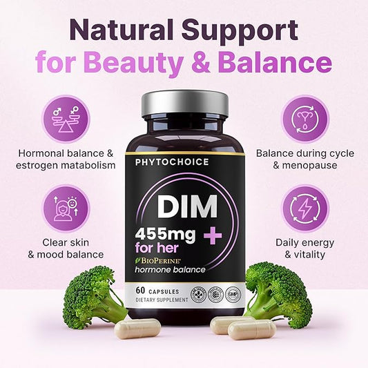 DIM for Women 350mg High Potency with BioPerine® & Broccoli Extract – 455mg Total Complex for Hormone Balance, Estrogen Metabolism, PMS & Menopause Support, Clear Skin & Women’s Wellness, 60 Capsules