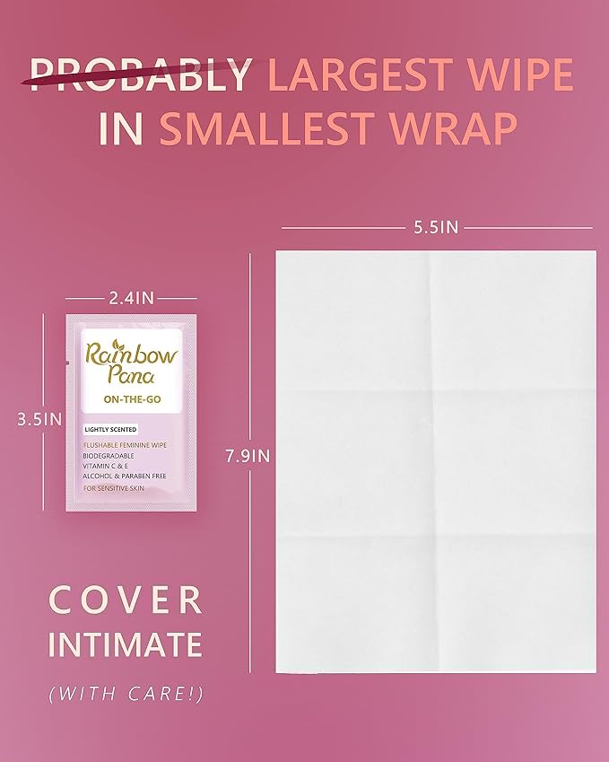 RainbowPana Feminine Wipes, 40 Count ON-THE-GO Individually Wrapped | Flushable Wipes, Travel Wipes for Women, Pre/Post-Intimacy Cleansing | Aloe, Portulaca, Vitamin E | pH Balanced, Biodegradable