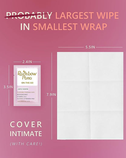 RainbowPana Feminine Wipes, 40 Count ON-THE-GO Individually Wrapped | Flushable Wipes, Travel Wipes for Women, Pre/Post-Intimacy Cleansing | Aloe, Portulaca, Vitamin E | pH Balanced, Biodegradable