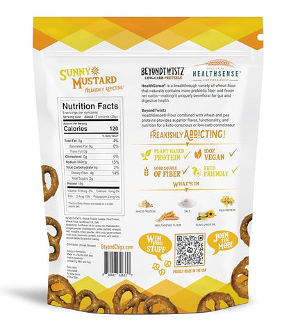 BeyondTwistz Low Carb Pretzels, Sunny Mustard, Keto Friendly, 2g Net Carbs, 18g Protein, Powered By HealthSense® High Fiber Wheat Flour, Family Size 8oz Bag, Pack of 3