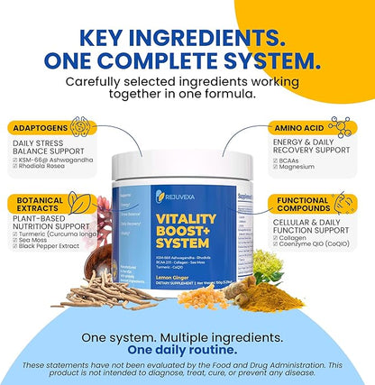 Vitality Boost+ System – Daily Energy & Stress Support Powder – 500mg KSM-66® Ashwagandha, BCAA 2:1:1, Magnesium, CoQ10 & Collagen – 30 Servings – Lemon Ginger – Made in USA