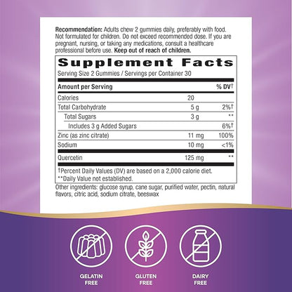Nature’s Way Quercetin Gummies with Zinc, Immune Defense*, Powerful Antioxidant*, Lemon Flavored, 60 Gummies