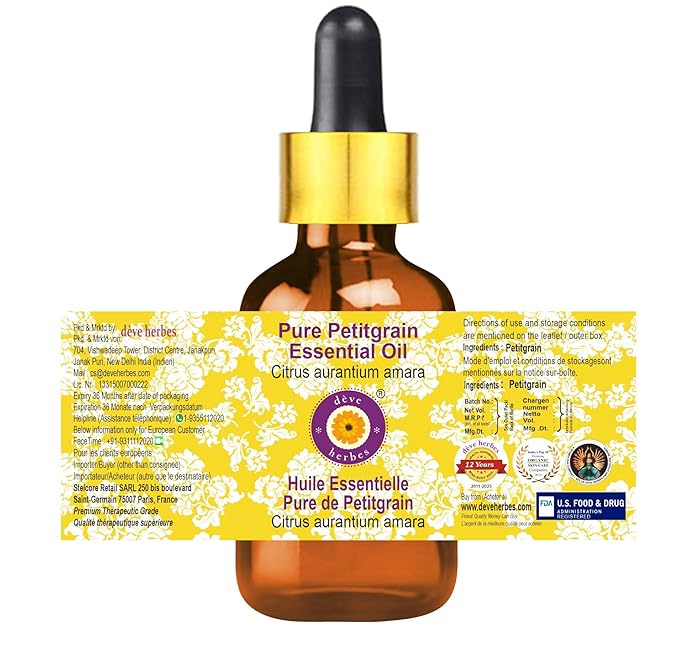 Deve Herbes Pure Petitgrain Essential Oil (Citrus aurantium Amara) with Glass Dropper Steam Distilled 10ml (0.33 oz)
