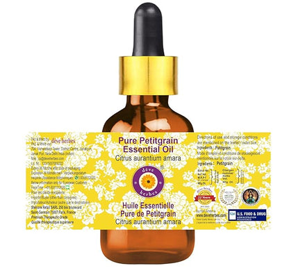 Deve Herbes Pure Petitgrain Essential Oil (Citrus aurantium Amara) with Glass Dropper Steam Distilled 15ml (0.50 oz)